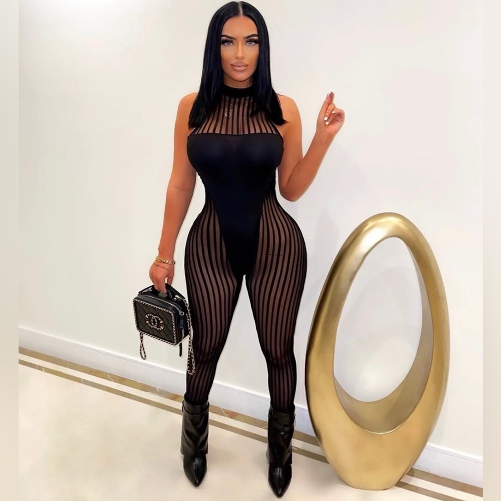 SOLD/Sexy Black Mesh Fashion Jumpsuit - Picture 1 of 15